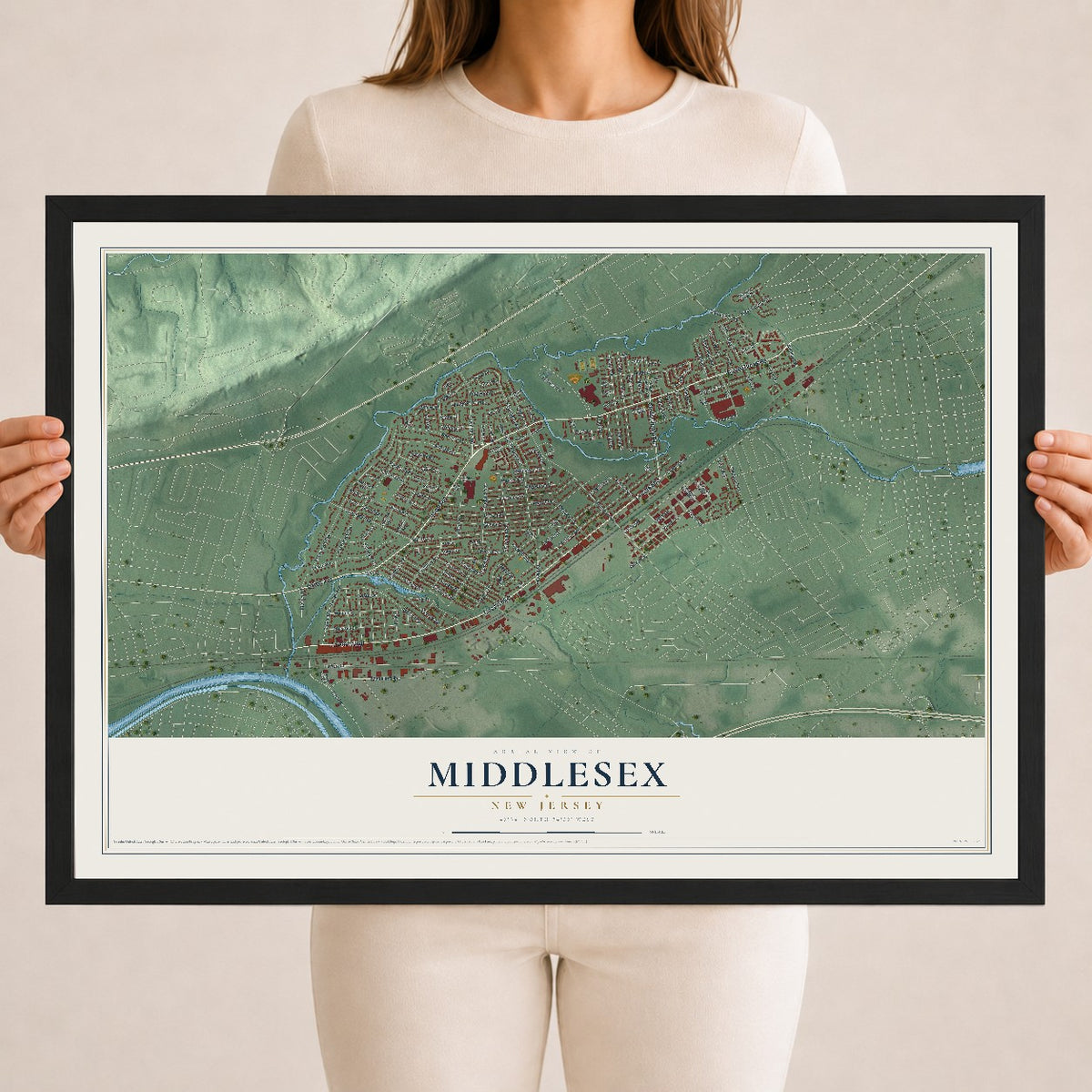 Middlesex, New Jersey map print, 18" x 24" W/ Black Ayous Wood Frame mockup