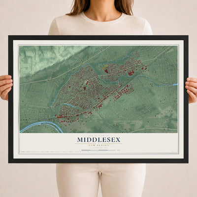 Middlesex, New Jersey map print, 18" x 24" W/ Black Ayous Wood Frame mockup