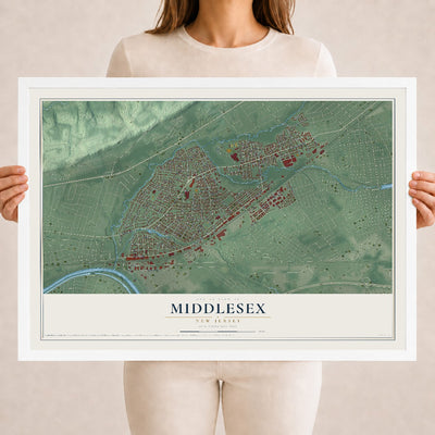 Middlesex, New Jersey map print, 18" x 24" W/ White Ayous Wood Frame mockup