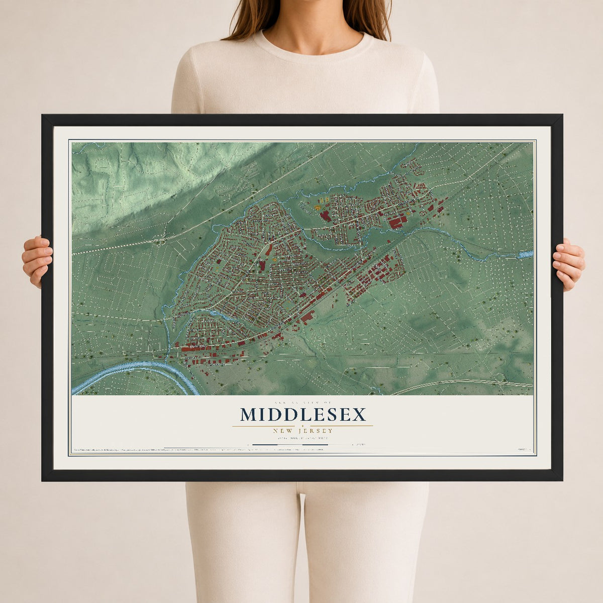 Middlesex, New Jersey map print, 24" x 36" W/ Black Ayous Wood Frame mockup