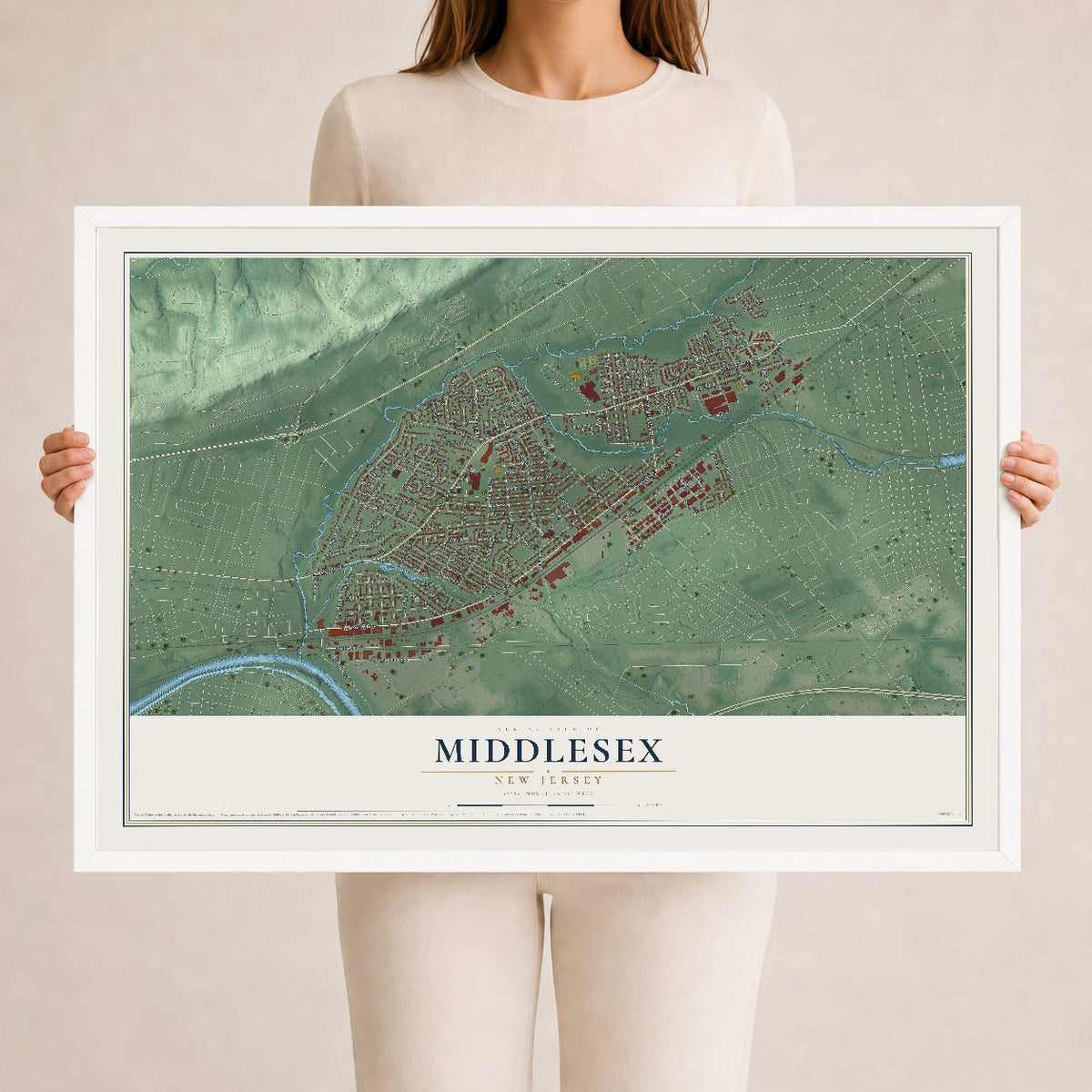 Middlesex, New Jersey map print, 24" x 36" W/ White Ayous Wood Frame mockup