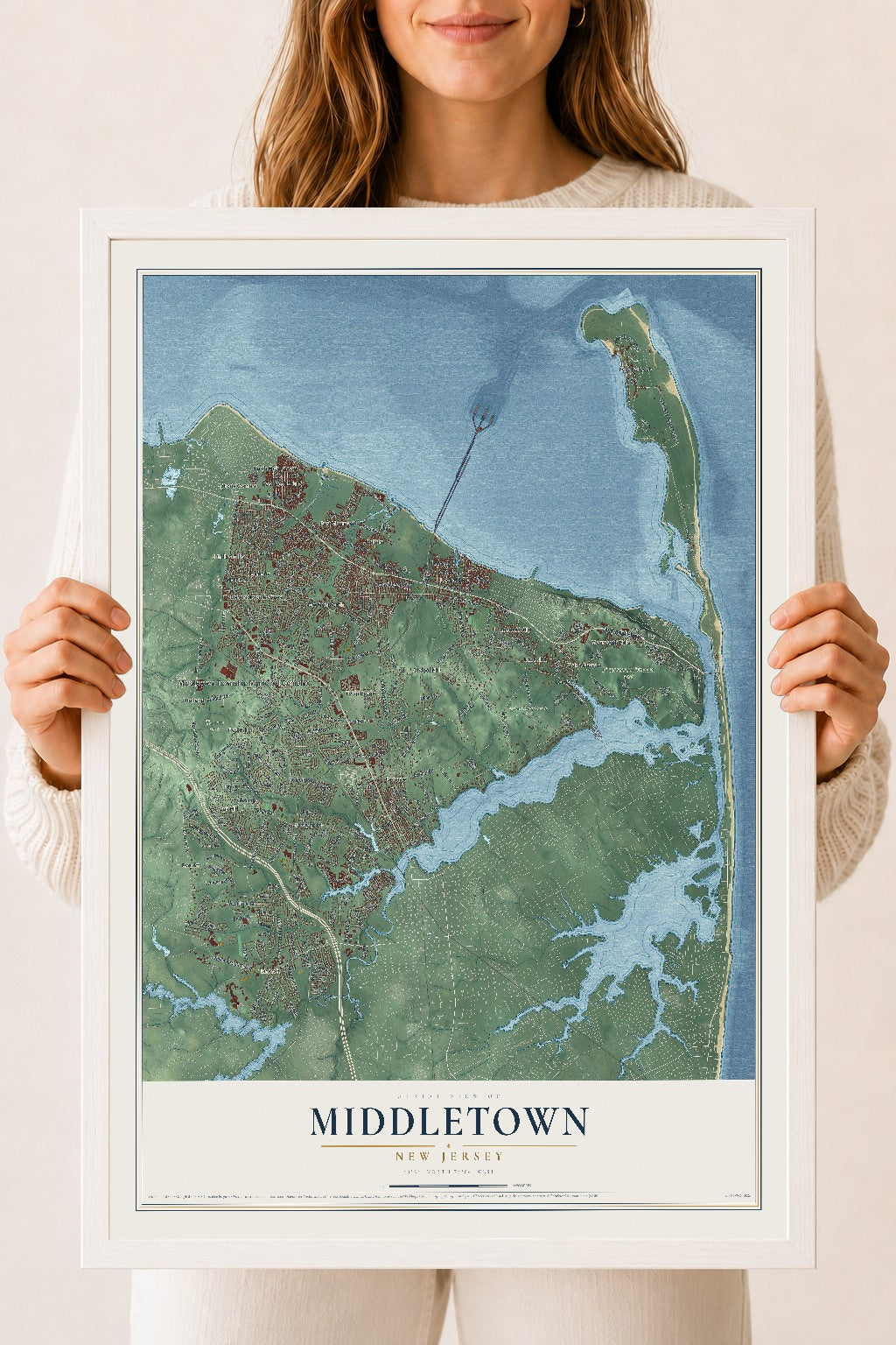 Middletown, New Jersey map print, 18" x 24" W/ White Ayous Wood Frame mockup