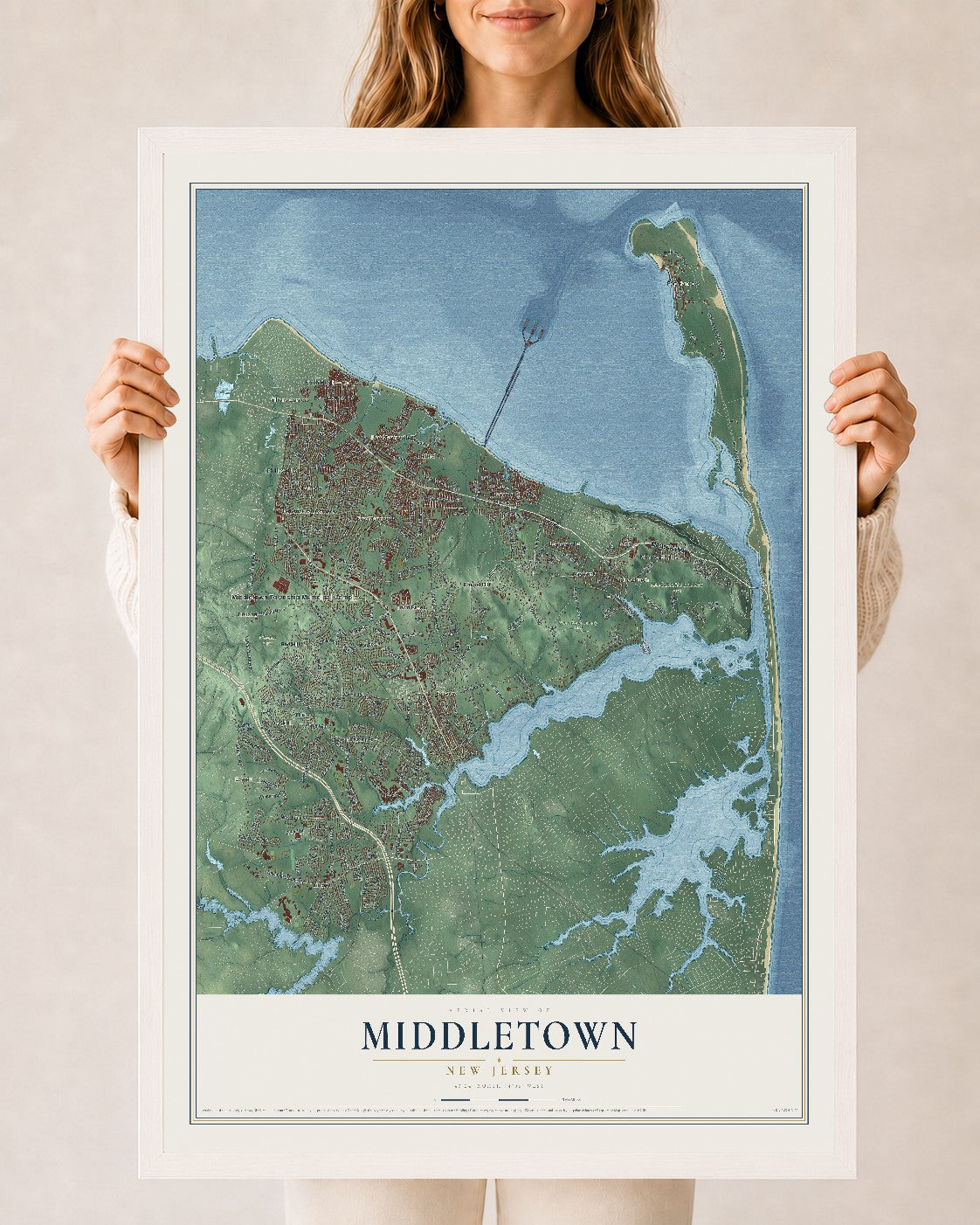 Middletown, New Jersey map print, 24" x 36" W/ White Ayous Wood Frame mockup