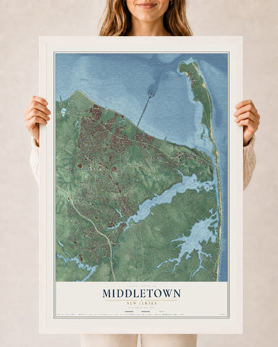 Middletown, New Jersey map print, 24" x 36" W/ White Ayous Wood Frame mockup