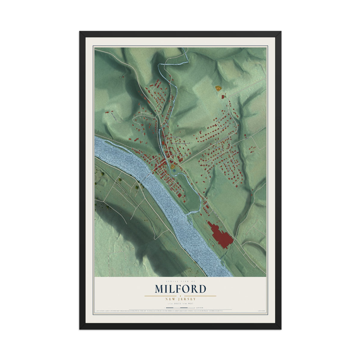 Milford, New Jersey map print, 12" x 18" W/ Black Ayous Wood Frame mockup