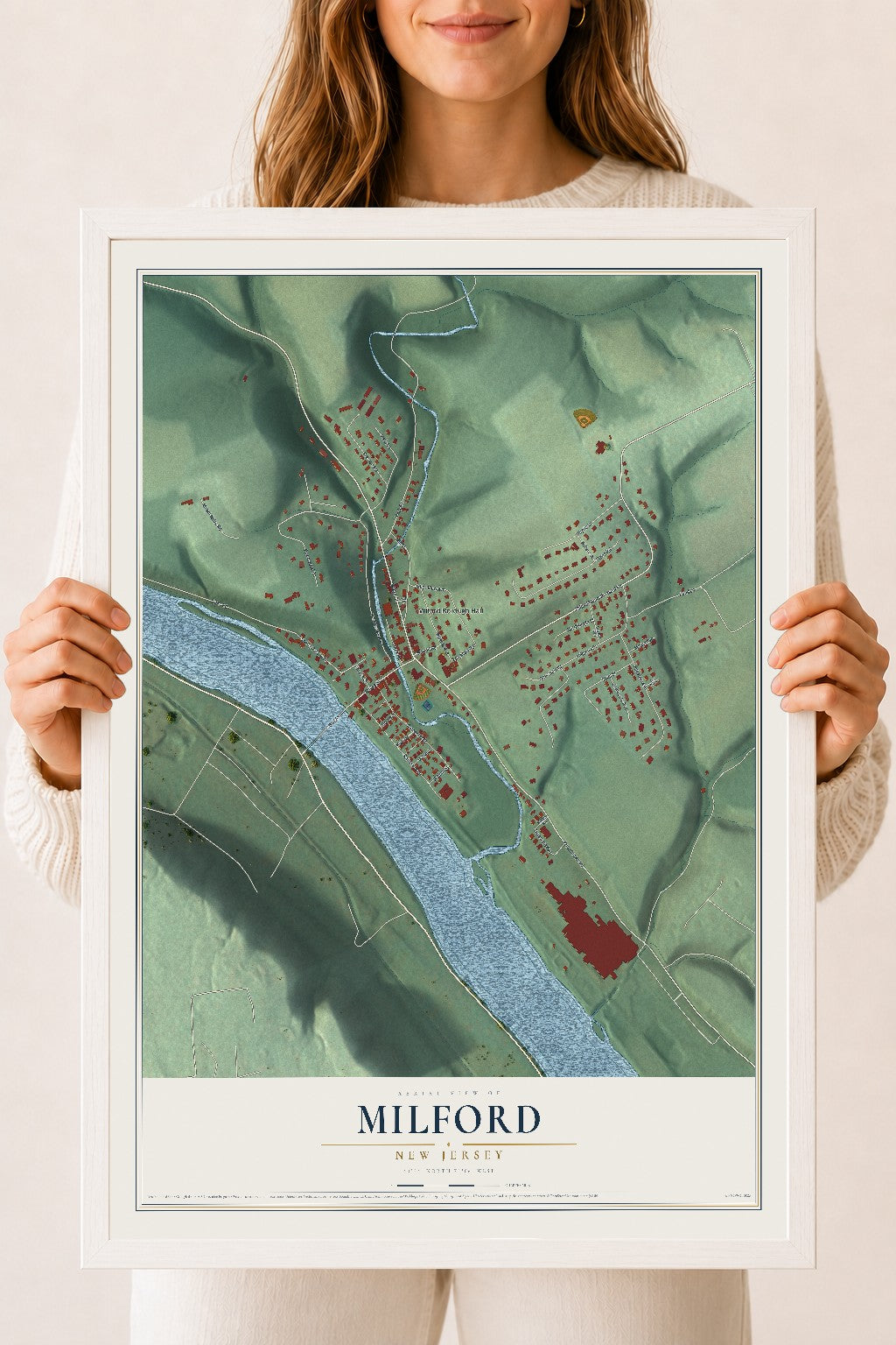 Milford, New Jersey map print, 18" x 24" W/ White Ayous Wood Frame mockup
