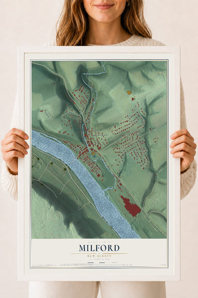 Milford, New Jersey map print, 18" x 24" W/ White Ayous Wood Frame mockup