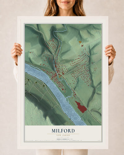 Milford, New Jersey map print, 24" x 36" W/ White Ayous Wood Frame mockup