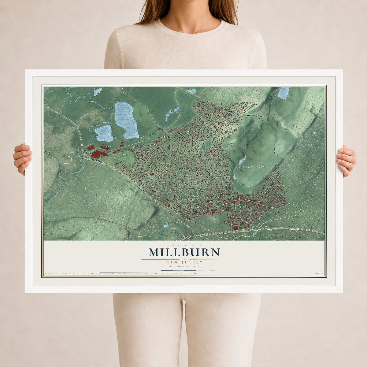 Millburn, New Jersey map print, 24" x 36" W/ White Ayous Wood Frame mockup