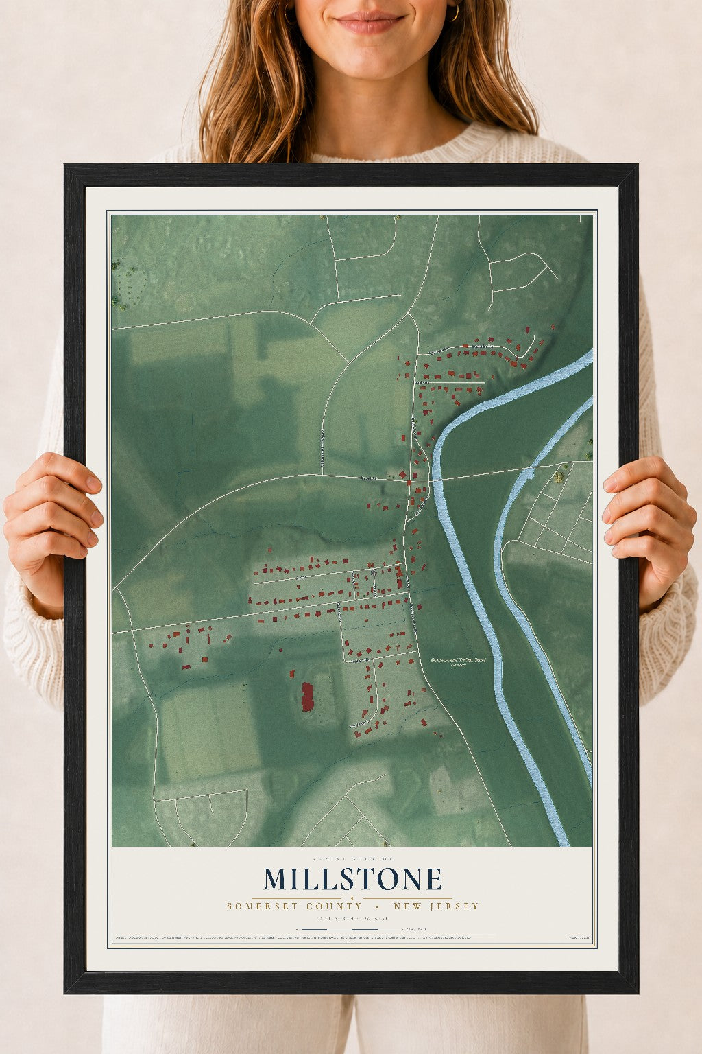 Millstone, New Jersey map print, 18" x 24" W/ Black Ayous Wood Frame mockup