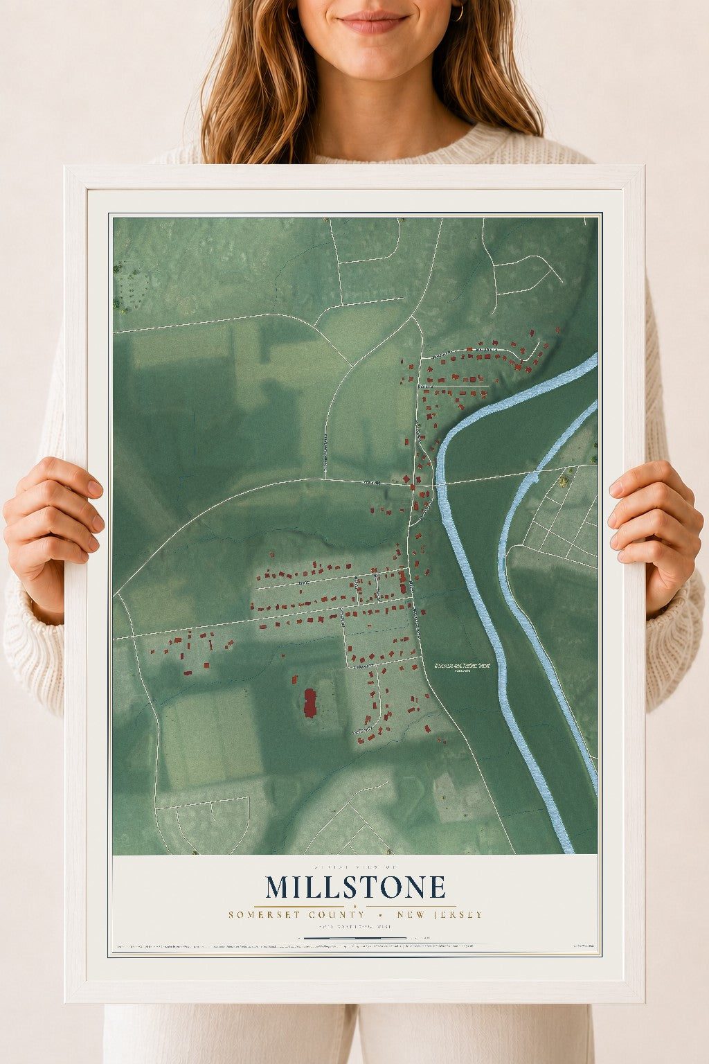 Millstone, New Jersey map print, 18" x 24" W/ White Ayous Wood Frame mockup