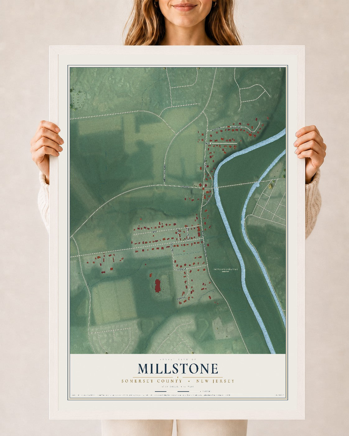 Millstone, New Jersey map print, 24" x 36" W/ White Ayous Wood Frame mockup