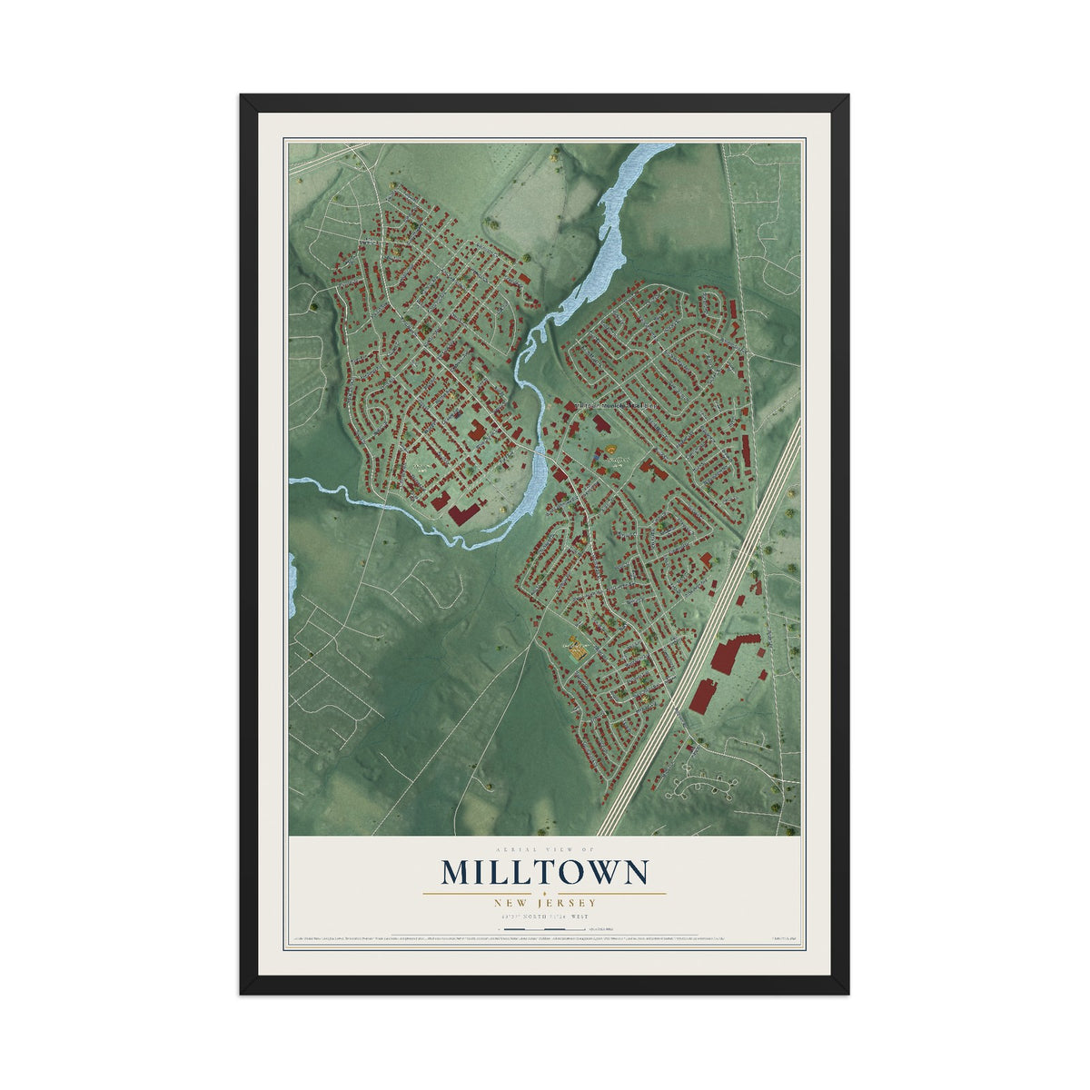 Milltown, New Jersey map print, 12" x 18" W/ Black Ayous Wood Frame mockup
