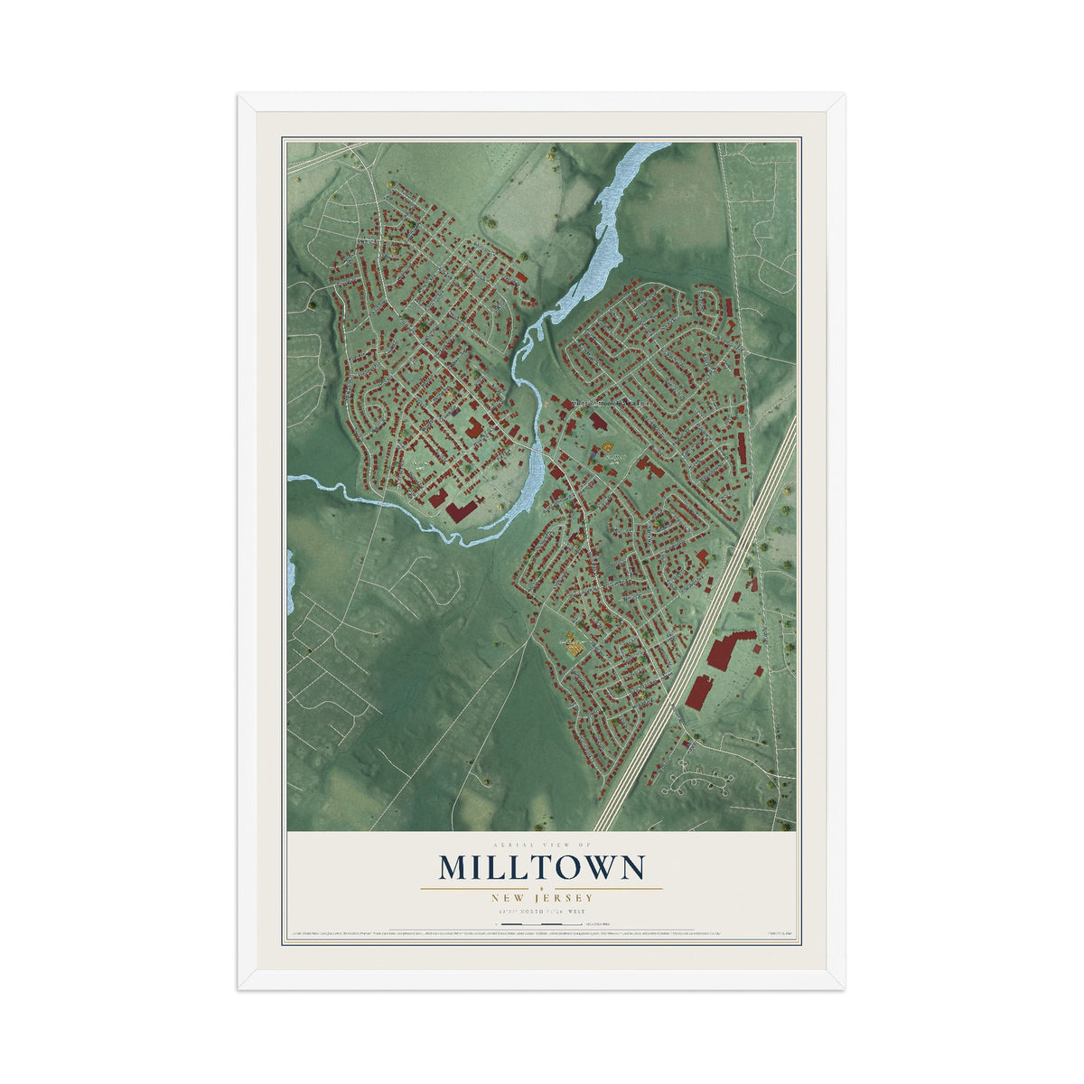 Milltown, New Jersey map print, 12" x 18" W/ White Ayous Wood Frame mockup