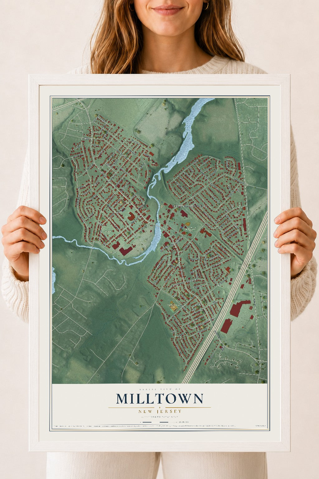 Milltown, New Jersey map print, 18" x 24" W/ White Ayous Wood Frame mockup