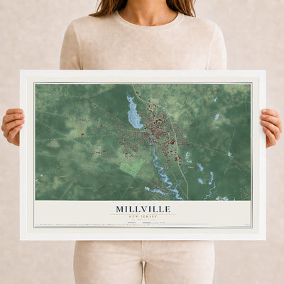 Millville, New Jersey map print, 12" x 18" W/ White Ayous Wood Frame mockup