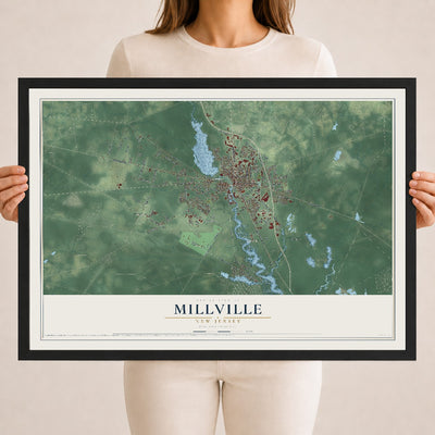 Millville, New Jersey map print, 18" x 24" W/ Black Ayous Wood Frame mockup