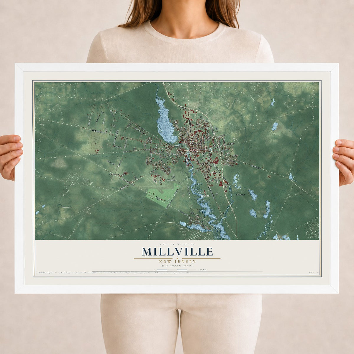 Millville, New Jersey map print, 18" x 24" W/ White Ayous Wood Frame mockup