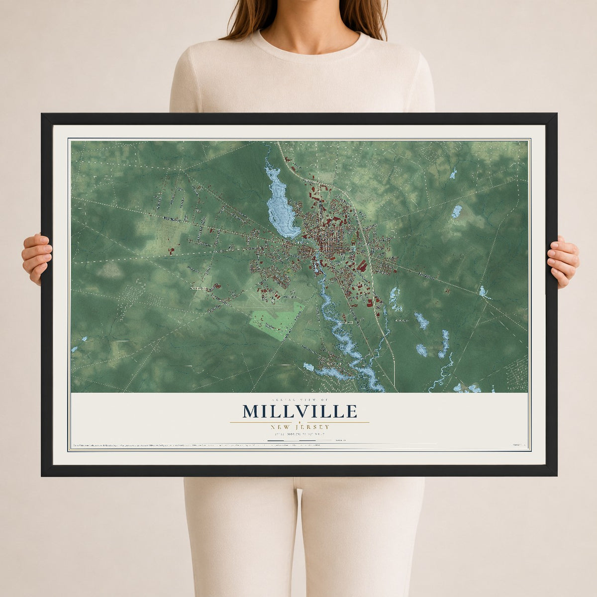 Millville, New Jersey map print, 24" x 36" W/ Black Ayous Wood Frame mockup