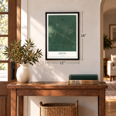 Mizpah, New Jersey map, 12 x 18 inch print in a black frame in an entryway