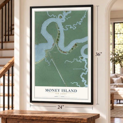 Money Island, New Jersey map, 24 x 36 inch print in a black frame by a staircase