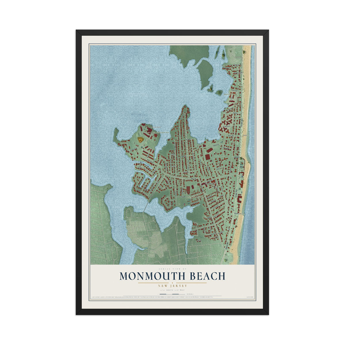 Monmouth Beach, New Jersey map print, 12" x 18" W/ Black Ayous Wood Frame mockup