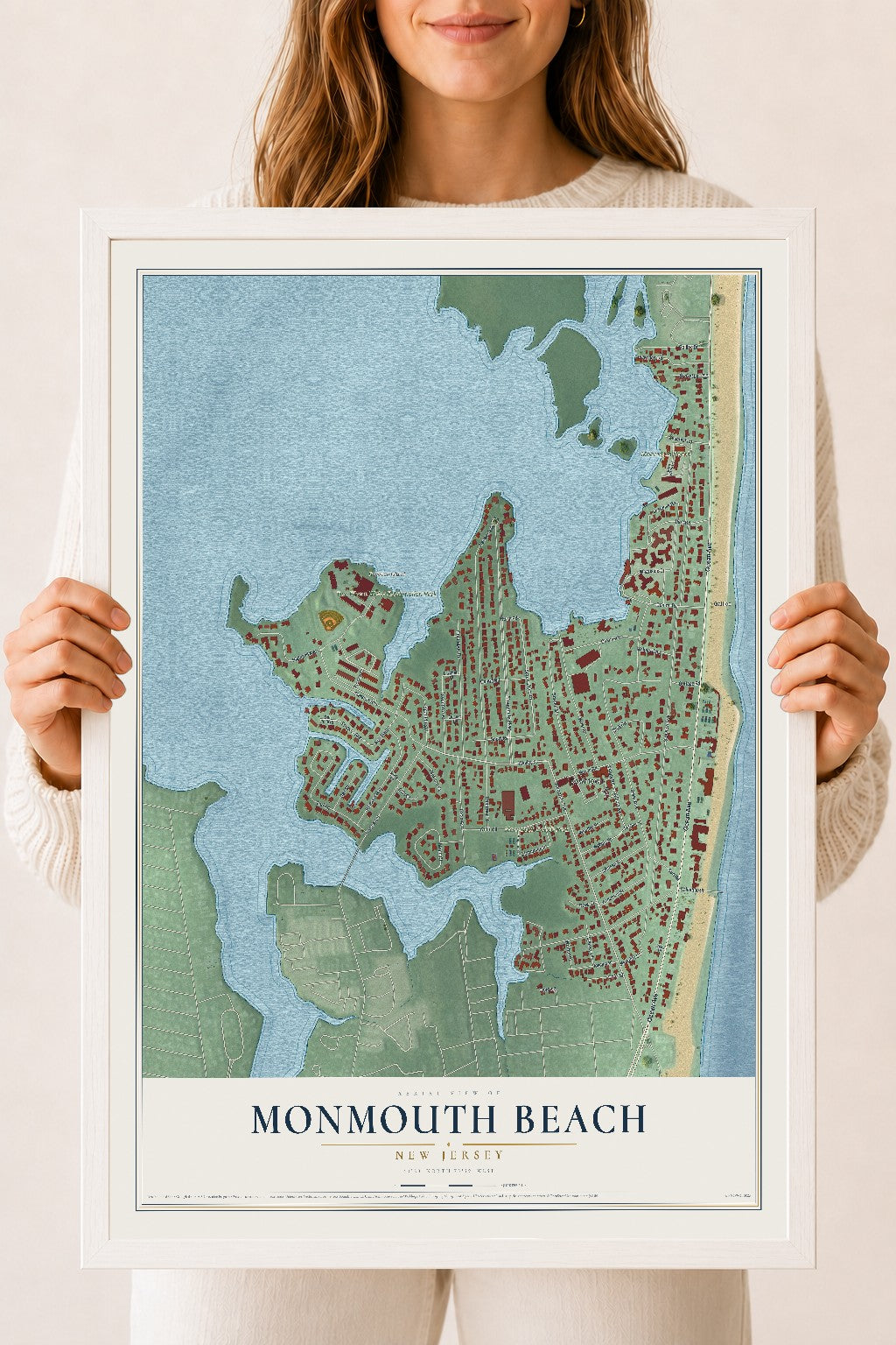 Monmouth Beach, New Jersey map print, 18" x 24" W/ White Ayous Wood Frame mockup