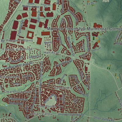 Close-up of the map of Monroe, Middlesex County, New Jersey print showing street and building detail