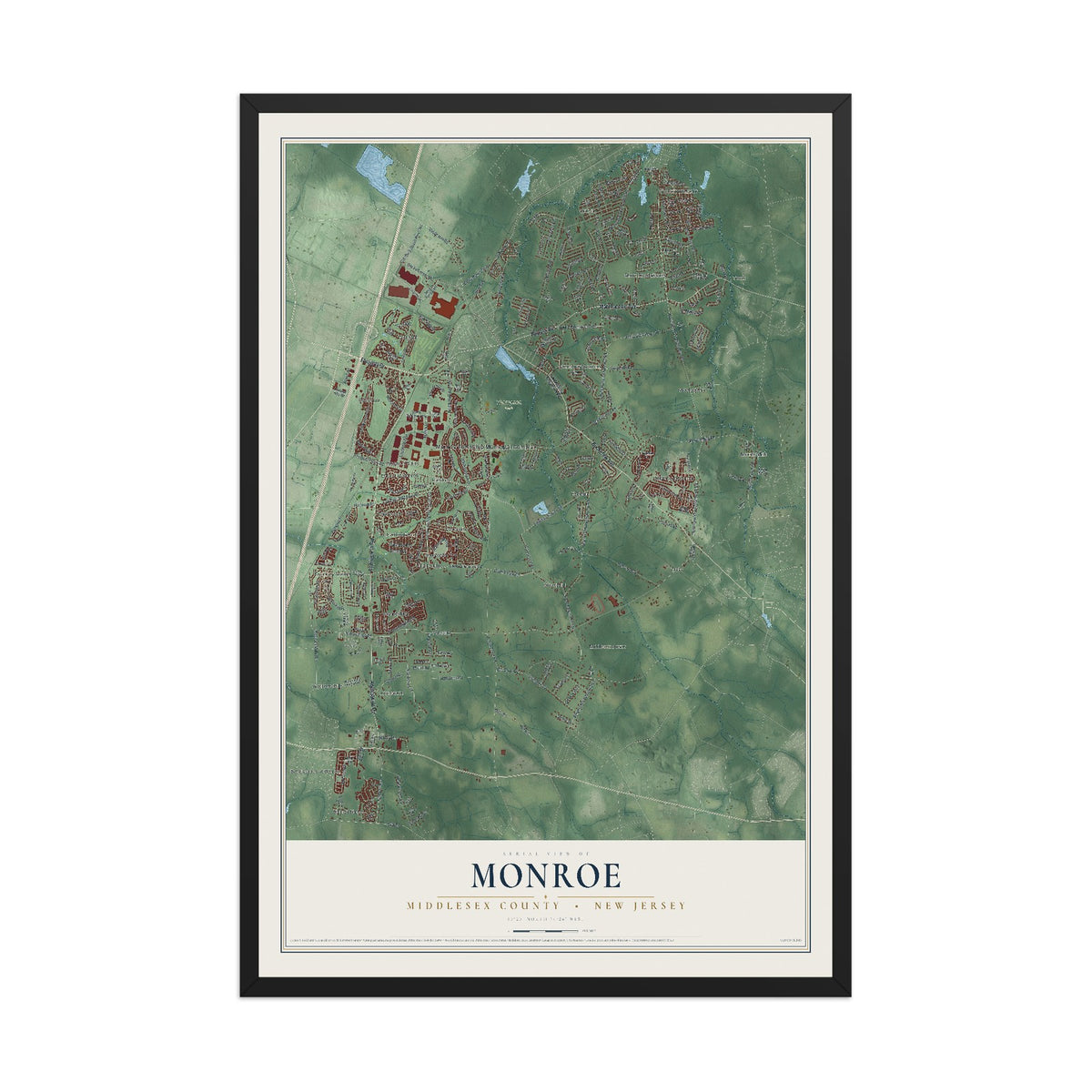 Map of Monroe, Middlesex County, New Jersey, 12 x 18 inch print in a black wood frame