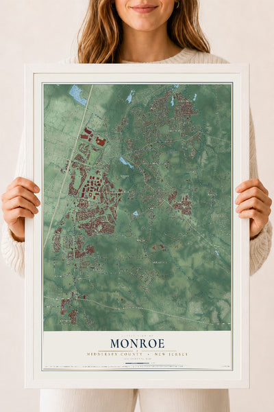 Map of Monroe, Middlesex County, New Jersey, 18 x 24 inch print in a white wood frame