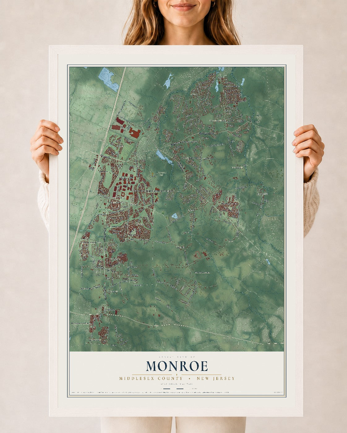 Map of Monroe, Middlesex County, New Jersey, 24 x 36 inch print in a white wood frame