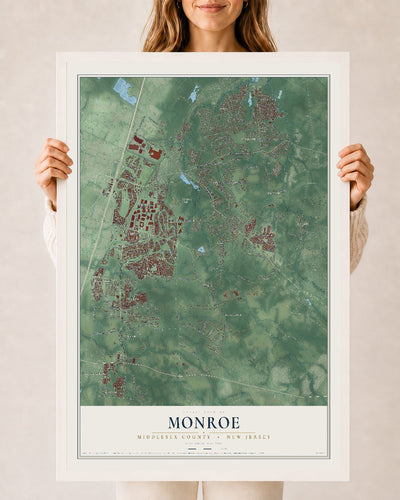 Map of Monroe, Middlesex County, New Jersey, 24 x 36 inch print in a white wood frame
