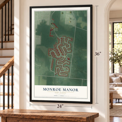 Monroe Manor, New Jersey map, 24 x 36 inch print in a black frame by a staircase
