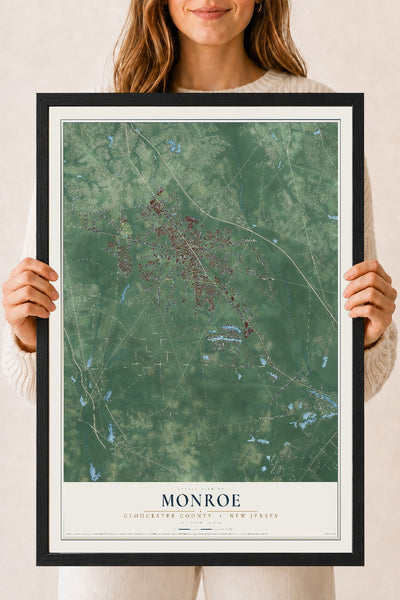 Monroe, New Jersey map print, 18" x 24" W/ Black Ayous Wood Frame mockup