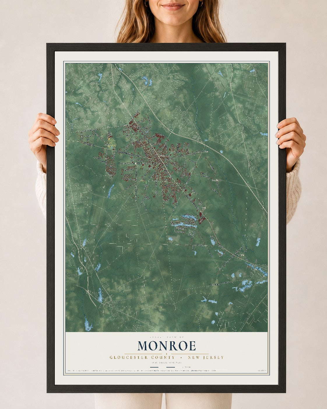 Monroe, New Jersey map print, 24" x 36" W/ Black Ayous Wood Frame mockup