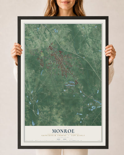 Monroe, New Jersey map print, 24" x 36" W/ Black Ayous Wood Frame mockup