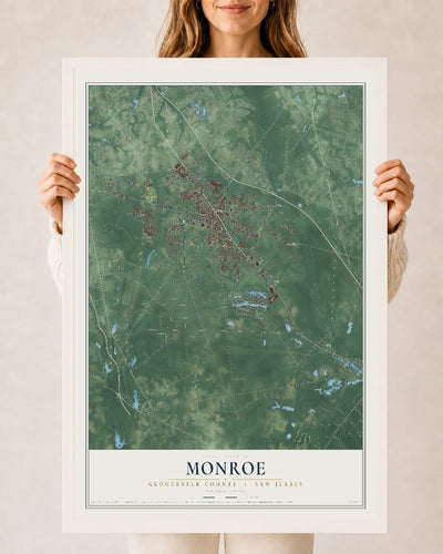 Monroe, New Jersey map print, 24" x 36" W/ White Ayous Wood Frame mockup