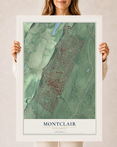 Montclair, New Jersey map print, 24" x 36" W/ White Ayous Wood Frame mockup