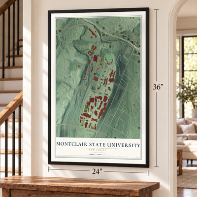 Montclair State University, New Jersey map, 24 x 36 inch print in a black frame by a staircase