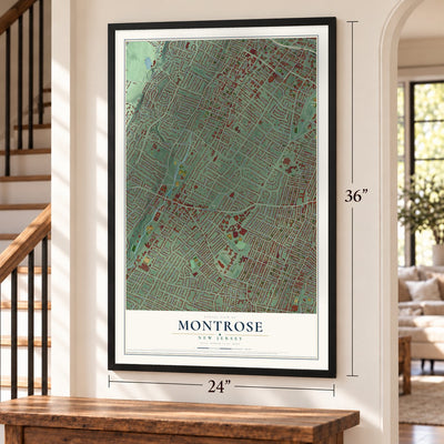 Montrose, New Jersey map, 24 x 36 inch print in a black frame by a staircase