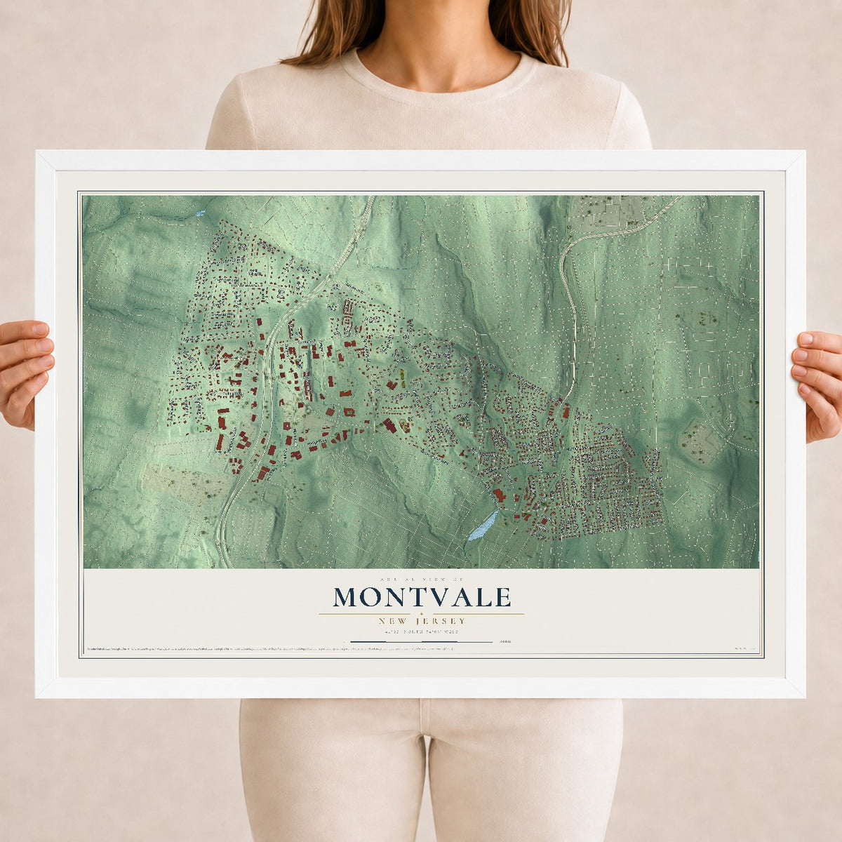Montvale, New Jersey map print, 18" x 24" W/ White Ayous Wood Frame mockup
