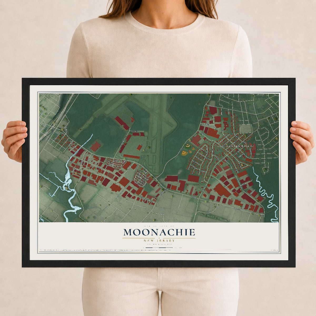Moonachie, New Jersey map print, 12" x 18" W/ Black Ayous Wood Frame mockup
