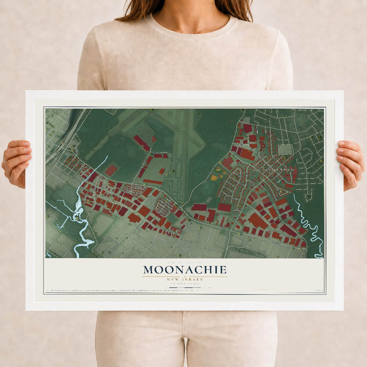 Moonachie, New Jersey map print, 12" x 18" W/ White Ayous Wood Frame mockup