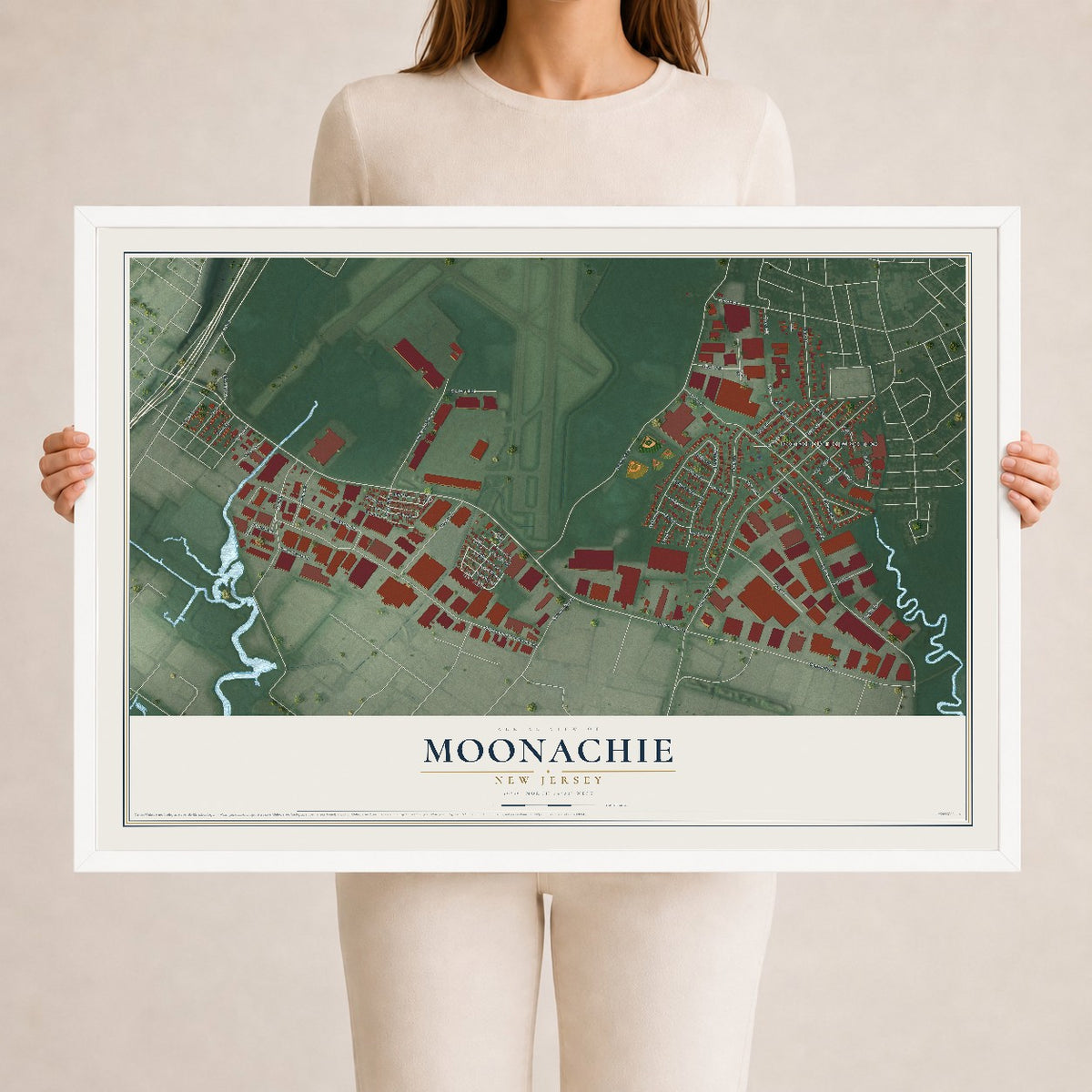 Moonachie, New Jersey map print, 24" x 36" W/ White Ayous Wood Frame mockup