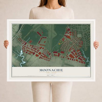 Moonachie, New Jersey map print, 24" x 36" W/ White Ayous Wood Frame mockup