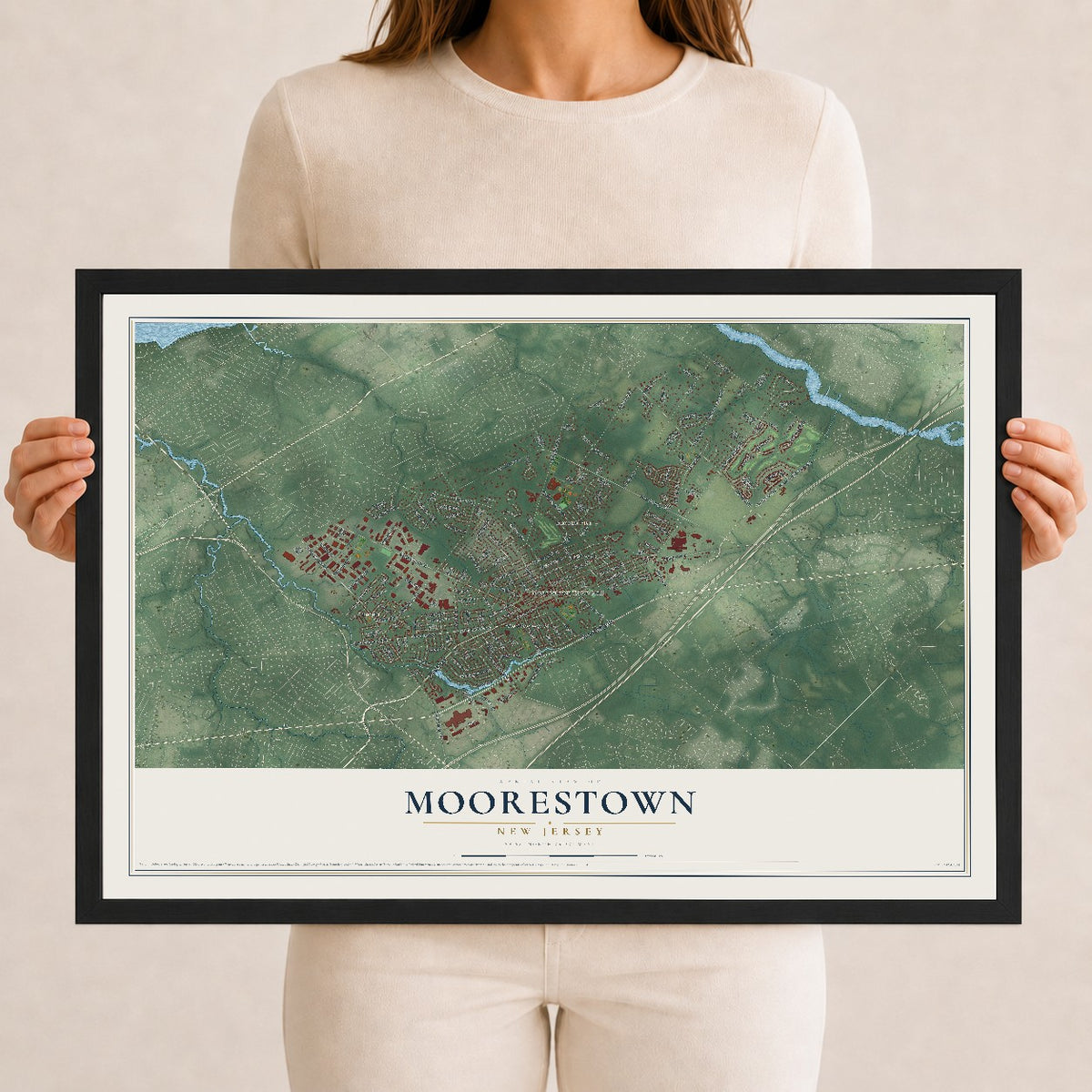 Moorestown, New Jersey map print, 12" x 18" W/ Black Ayous Wood Frame mockup
