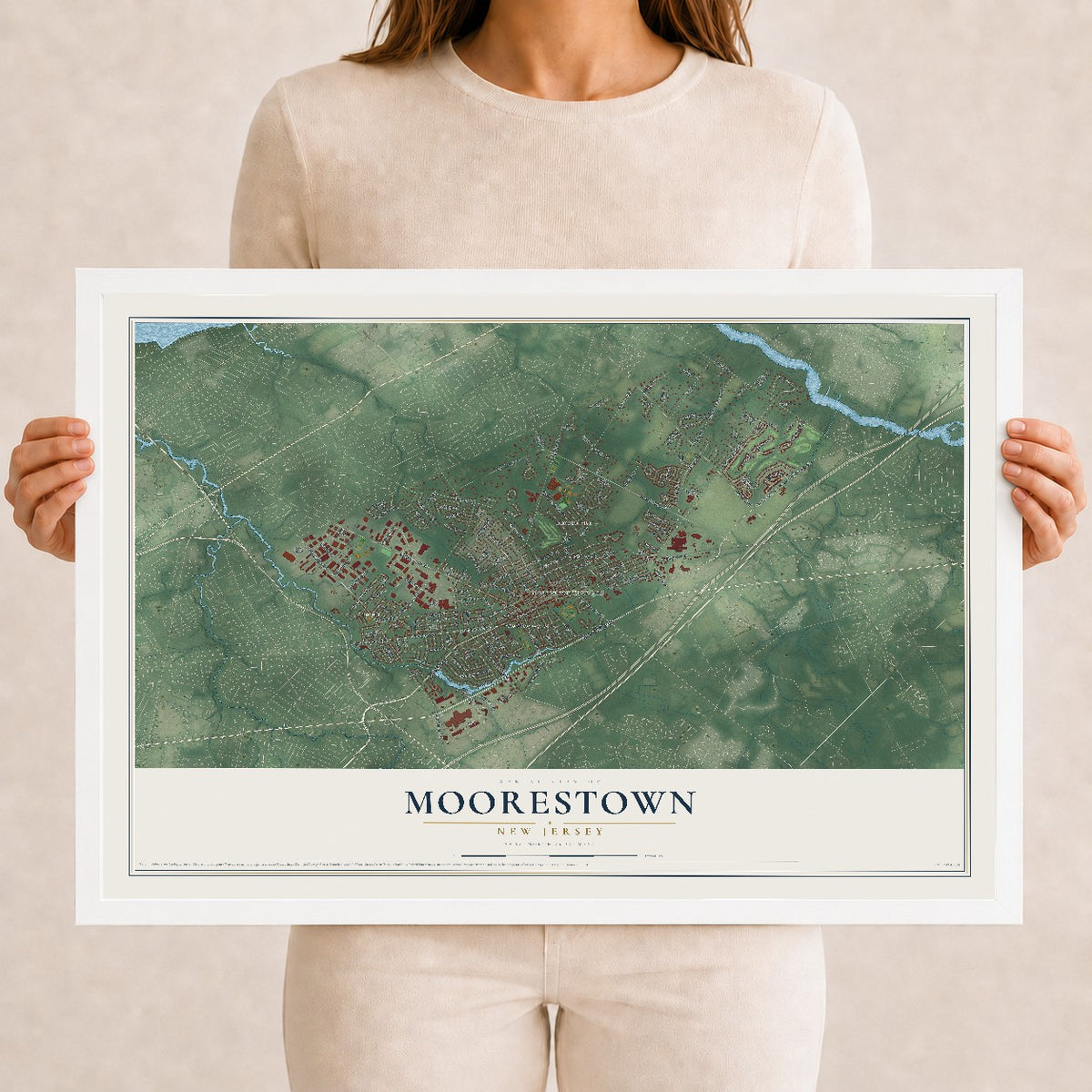 Moorestown, New Jersey map print, 12" x 18" W/ White Ayous Wood Frame mockup