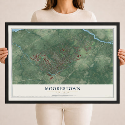 Moorestown, New Jersey map print, 18" x 24" W/ Black Ayous Wood Frame mockup