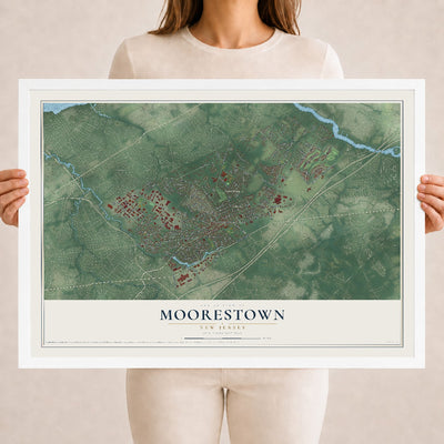 Moorestown, New Jersey map print, 18" x 24" W/ White Ayous Wood Frame mockup