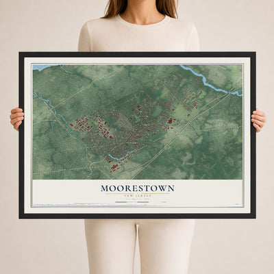 Moorestown, New Jersey map print, 24" x 36" W/ Black Ayous Wood Frame mockup